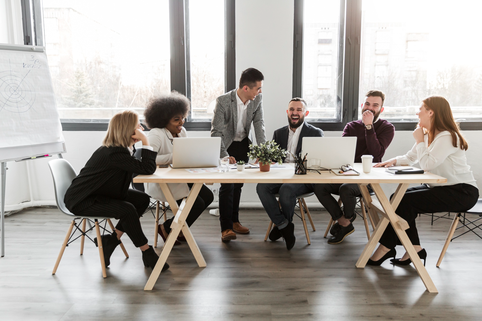 Team collaborating in a bright workspace